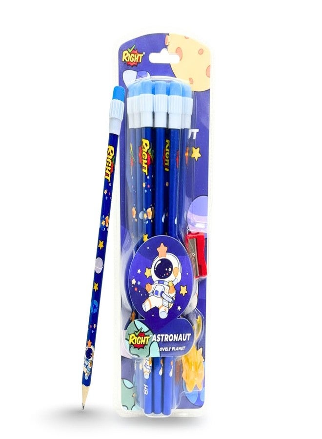 RIGHT HB Wooden Pencils Set for Kids – Pack of 12, Super Dark Black Pencils with Top Erasers, 1 Grip & 1 Sharpener | Writing Pencils for School, Home & Study Use (Astronaut) - Image 1