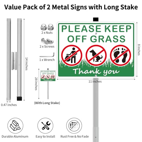 Frohllia 2 Pack Keep Off Grass Sign Stay Off Grass Signs for Yard 8x28 Heavy Duty Aluminum Keep Off Grass Signs Weather Resistant and Easy to Install with Long Stake Green - Image 3