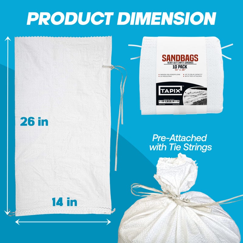 TAPIX Sand bags with Ties 14" x 26" (Pack of 10) - Sand bags for Flooding, Woven Polypropylene Sandbags, 50 lbs Capacity, 14x26 inches, White - Image 2