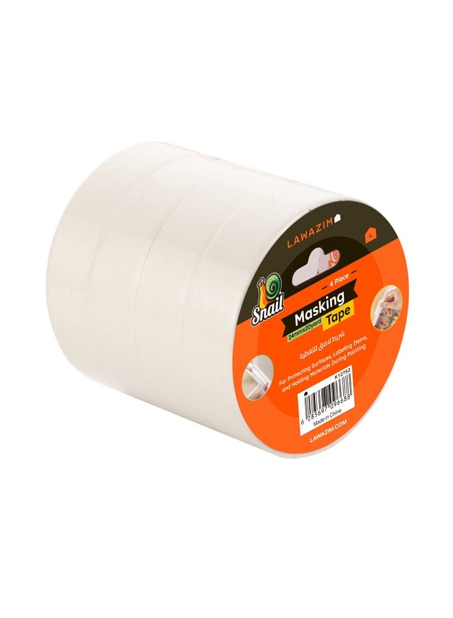 LAWAZIM Snail 4 Rolls White Masking Tape - 24mmx20Yard - Paper Painter Tape, Removable and Hand Tearable Masking Tape for Painting, Art, Drafting, Labeling, DIY, Home and Office Use - Image 1