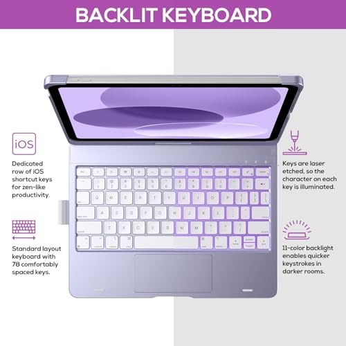 typecase Touch iPad 10th Generation Case with Keyboard (10.9", 2022) and iPad A16 (11th Gen, 2025) – 360° Rotatable, 11-Color Backlit, Multi-Touch Trackpad, Thin & Light (Light Purple) - Image 3