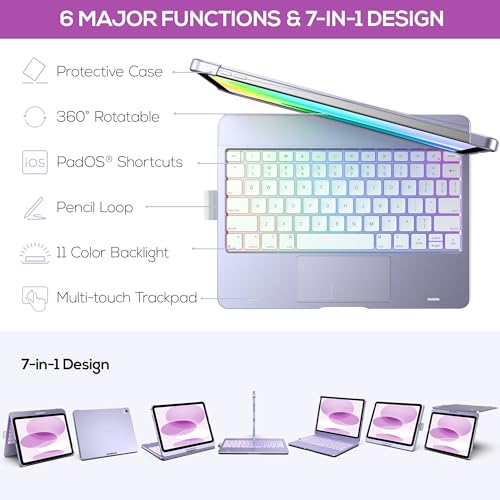 typecase Touch iPad 10th Generation Case with Keyboard (10.9", 2022) and iPad A16 (11th Gen, 2025) – 360° Rotatable, 11-Color Backlit, Multi-Touch Trackpad, Thin & Light (Light Purple) - Image 4