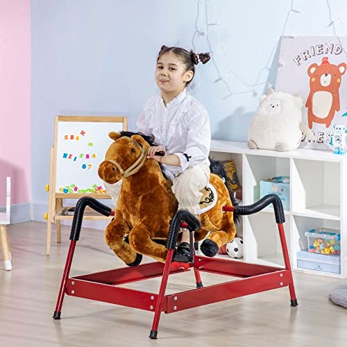 Qaba Kids Spring Rocking Horse Ride on Horse for Girls and Boys with Animal Sounds Plush Animal Rideon Toy with Soft Feel Interactive Toy for Kids Light Brown - Image 5