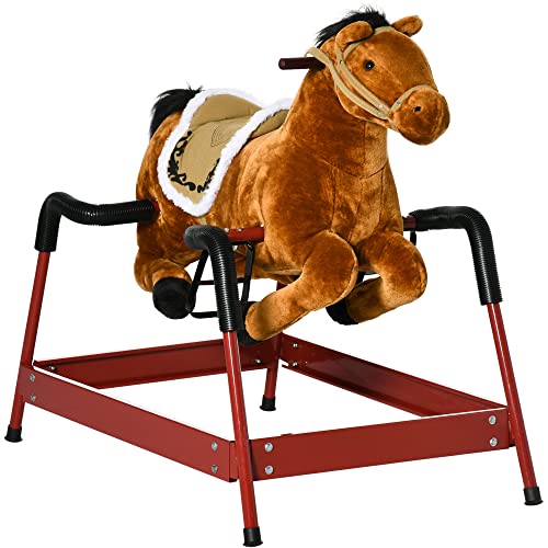 Qaba Kids Spring Rocking Horse Ride on Horse for Girls and Boys with Animal Sounds Plush Animal Rideon Toy with Soft Feel Interactive Toy for Kids Light Brown - Image 1
