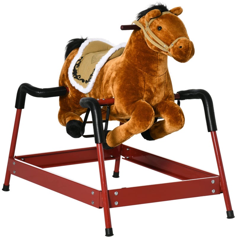 Qaba Kids Spring Rocking Horse Ride on Horse for Girls and Boys with Animal Sounds Plush Animal Rideon Toy with Soft Feel Interactive Toy for Kids Light Brown - Image 2