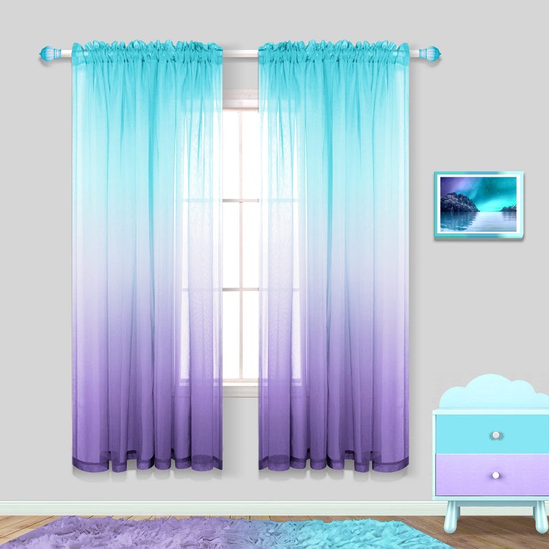 Pitalk Mermaid Girls Room Decorations for Bedroom 2 Panels Rod Pocket Ombre Curtains Mermaid Room Decor for Teen Girls Aqua Teal and Lilac Purple 63 Inch Length - Image 1