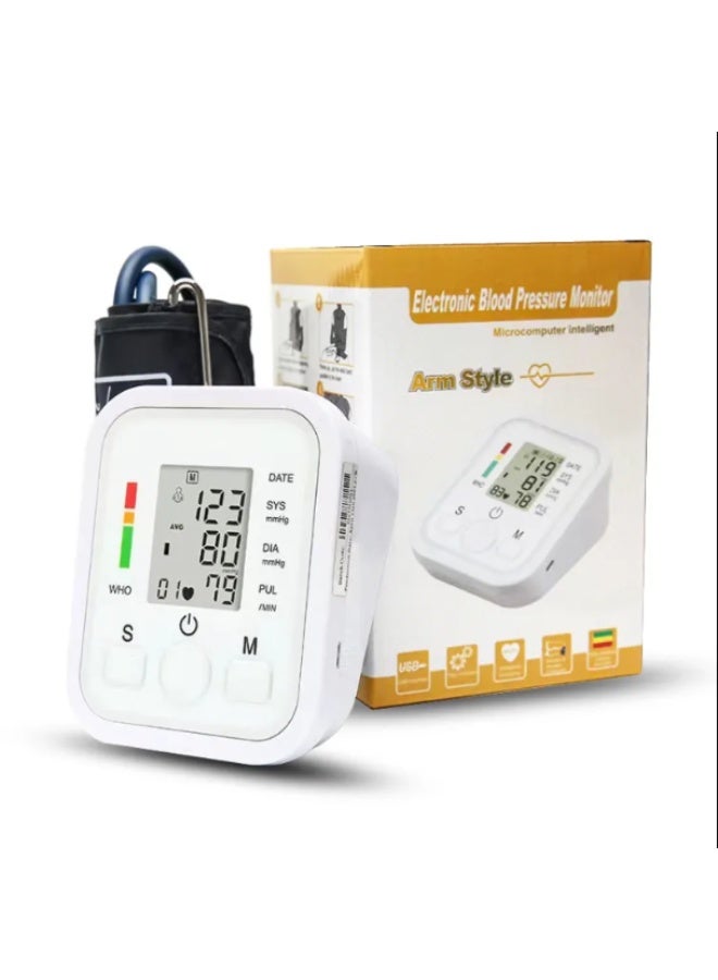 This electronic arm blood pressure monitor features microcomputer technology, a large LCD screen for accurate readings, internal memory for storing results and level alerts, and is battery and USB powered for easy and safe home use. - Image 1