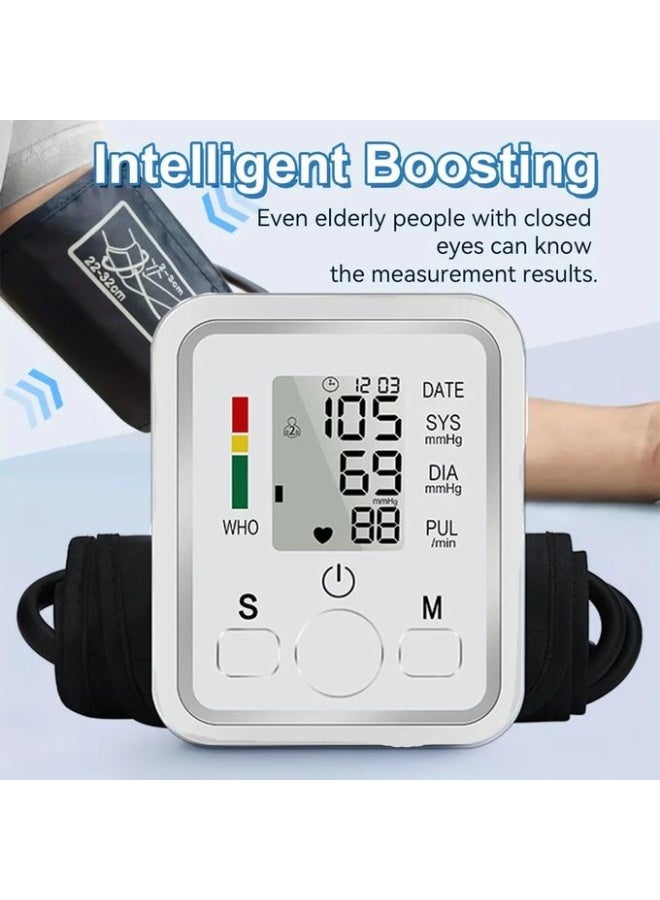 This electronic arm blood pressure monitor features microcomputer technology, a large LCD screen for accurate readings, internal memory for storing results and level alerts, and is battery and USB powered for easy and safe home use. - Image 3