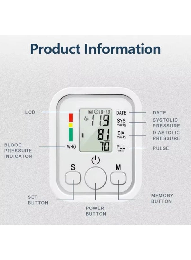 This electronic arm blood pressure monitor features microcomputer technology, a large LCD screen for accurate readings, internal memory for storing results and level alerts, and is battery and USB powered for easy and safe home use. - Image 5