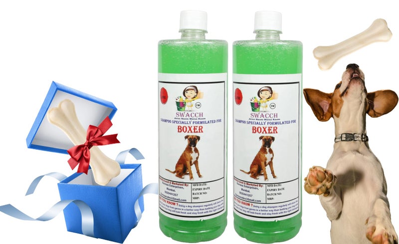 swacch Shampoo | Puppy Safe Shampoo|Boxer Dog Shampoo (1 Litre) (Pack of 2) Neem Alovera + Medium White Bone |Dog Chew Bones |Teething chew Toy|Dental Teething |Combo Pack - Image 1
