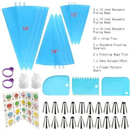 GEMLON Reusable Piping Bags and Tips Set - Silicone Pastry Bags 3X (12’’+14’’+16’’) with Icing & Frosting Tips for Cake Decorating, Cupcakes, Cookies, Deviled Eggs, and Baking Accessories, Baking Tools Kit - Image 2