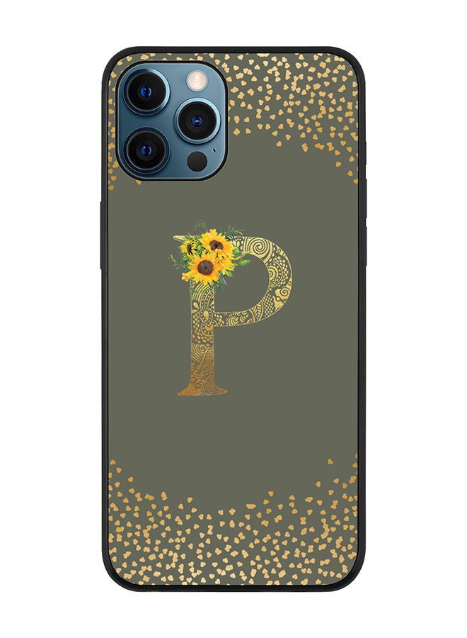 Stylizedd Rugged Black edge case for Apple iPhone 12 Pro Slim fit Soft Case Flexible Rubber Edges Anti Drop TPU Gel Thin Cover - Custom Monogram Initial Letter Floral Pattern Alphabet - P (Olive Green ) - Image 1