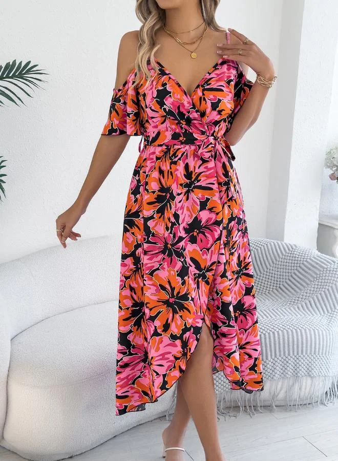Take Two Multicolor Floral Print Midi A-Line Dress with Short Sleeves
