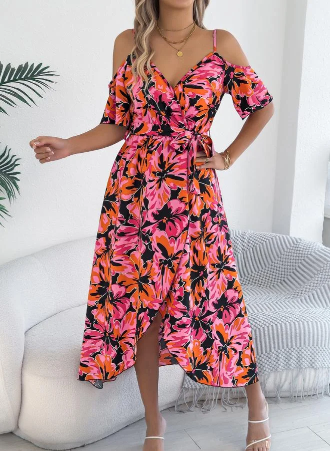 Multicolor Floral Print Midi A-Line Dress with Short Sleeves