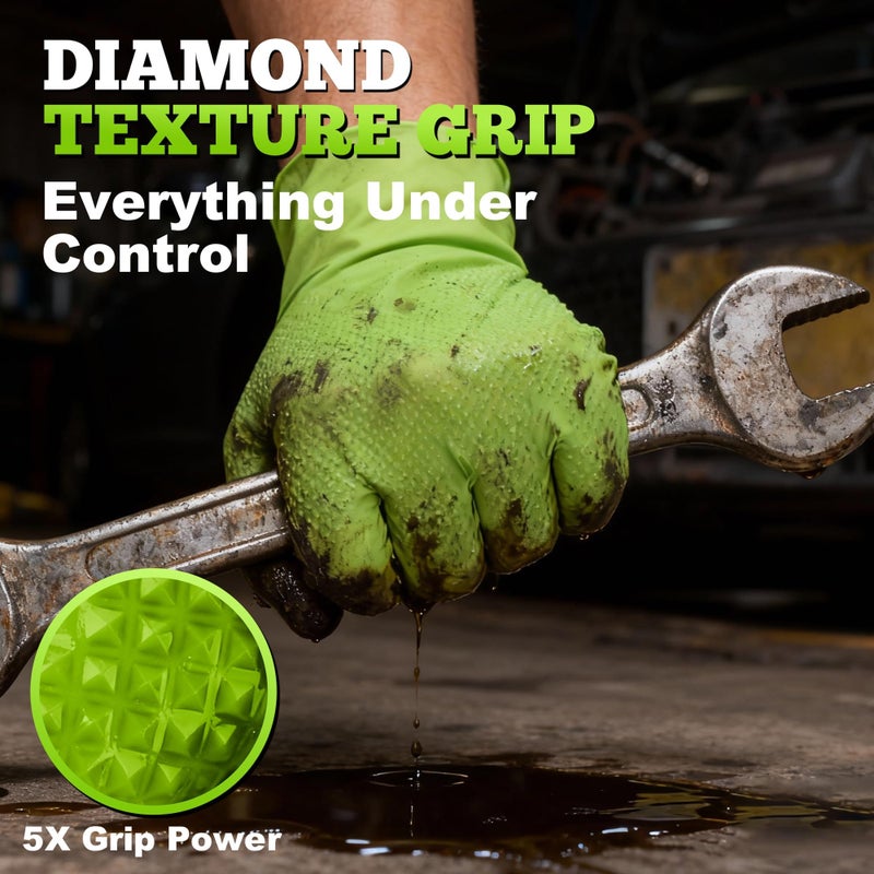 TitanFlex Heavy Duty Green Industrial Nitrile Gloves, 8-mil, XL, Box of 100, Latex Free, Raised Diamond Texture Grip, Powder Free, Food Safe, Rubber Gloves, Mechanic Gloves - Image 3