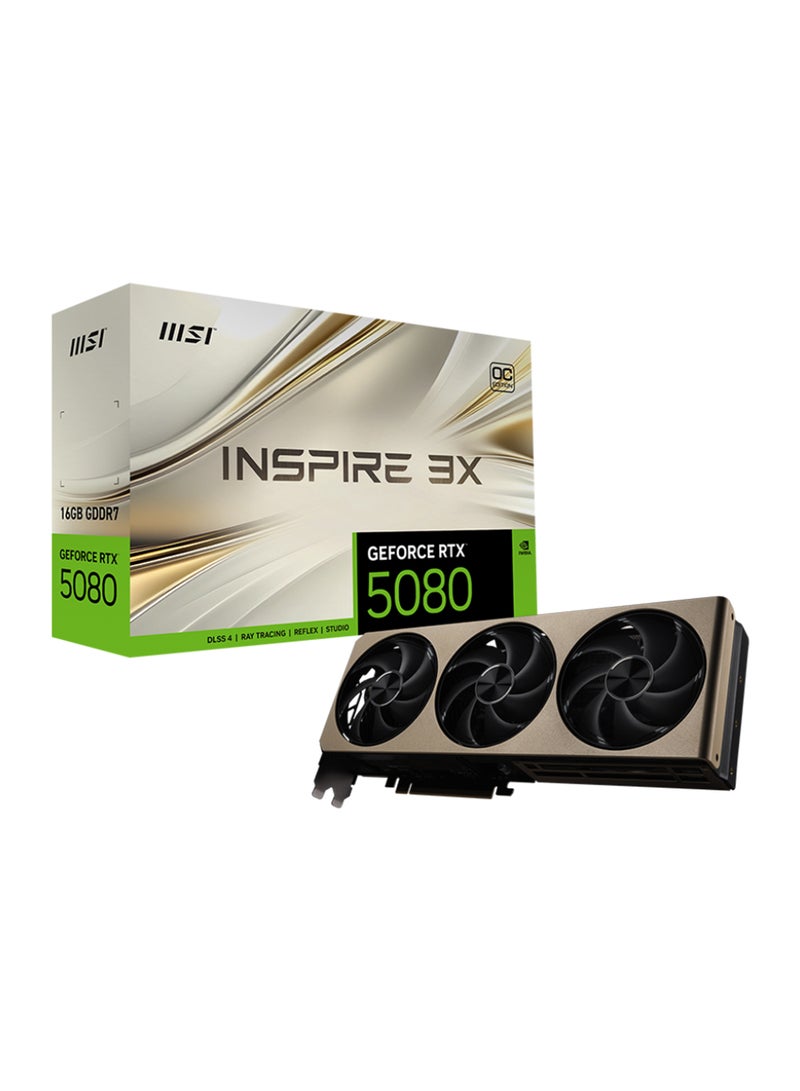 MSI GeForce RTX 5080 16GB INSPIRE 3X OC Graphics Card - NVIDIA RTX 5080, 10752 CUDA Cores, 30 Gbps GDDR7 Memory, 256-bit, PCIe Gen 5, 2640 MHz Boost Clock, 4K 480Hz & 8K 120Hz HDMI 2.1, 360W Power Consumption, DisplayPort x3, 7680 x 4320 Resolution, HDCP Support Brown - Image 1
