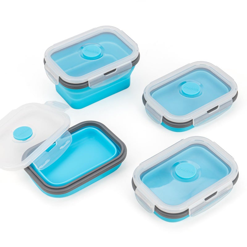 Annaklin Collapsible Food Storage Containers with Lids & Vent, 11.8 oz, Kitchen Stacking Silicone Collapsible Meal Prep Container Set for Leftover, Microwave Freezer Dishwasher Safe, Blue Small 4 Pack - Image 1