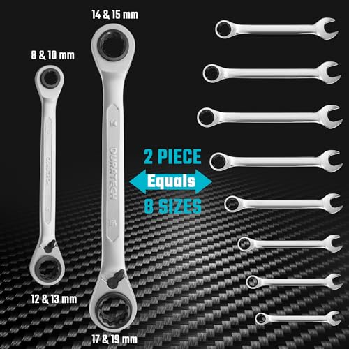 DURATECH 4-in-1 Reversible Ratcheting Box Wrench Set, Double Box End, Metric, 2-Piece, 8, 10, 12, 13 & 14, 15, 17, 19 mm, CR-V Steel, Matte Chrome Plated, with Rolling Pouch - Image 2