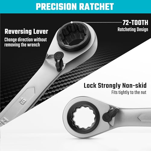 DURATECH 4-in-1 Reversible Ratcheting Box Wrench Set, Double Box End, Metric, 2-Piece, 8, 10, 12, 13 & 14, 15, 17, 19 mm, CR-V Steel, Matte Chrome Plated, with Rolling Pouch - Image 3