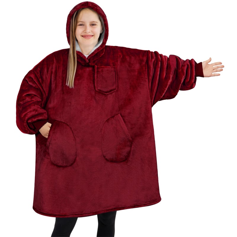 PAVILIA PAVILIA Wearable Blanket Sweatshirt for Kids Boy Girl Wine Red Burgundy Maroon  Warm Cozy Giant Blanket Hoodie  Fleece Sherpa Oversized Blanket Sweatshirt with Sleeves  Two Pocket - Image 1
