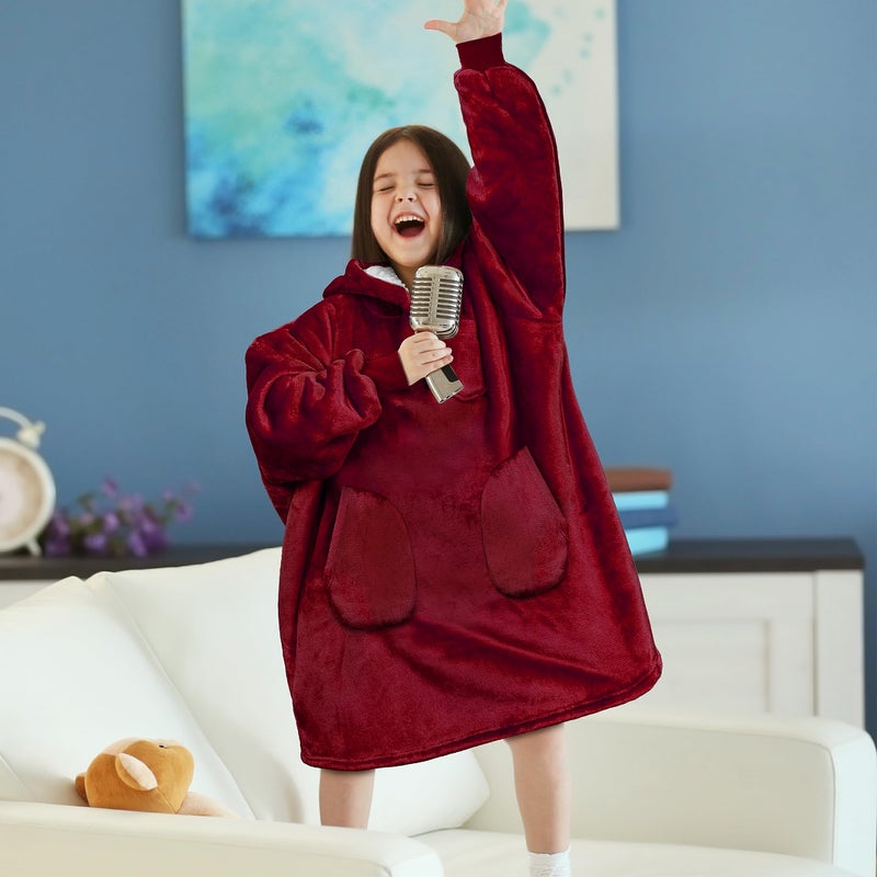 PAVILIA PAVILIA Wearable Blanket Sweatshirt for Kids Boy Girl Wine Red Burgundy Maroon  Warm Cozy Giant Blanket Hoodie  Fleece Sherpa Oversized Blanket Sweatshirt with Sleeves  Two Pocket - Image 3