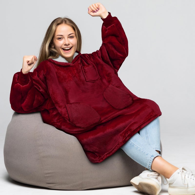 PAVILIA PAVILIA Wearable Blanket Sweatshirt for Kids Boy Girl Wine Red Burgundy Maroon  Warm Cozy Giant Blanket Hoodie  Fleece Sherpa Oversized Blanket Sweatshirt with Sleeves  Two Pocket - Image 2