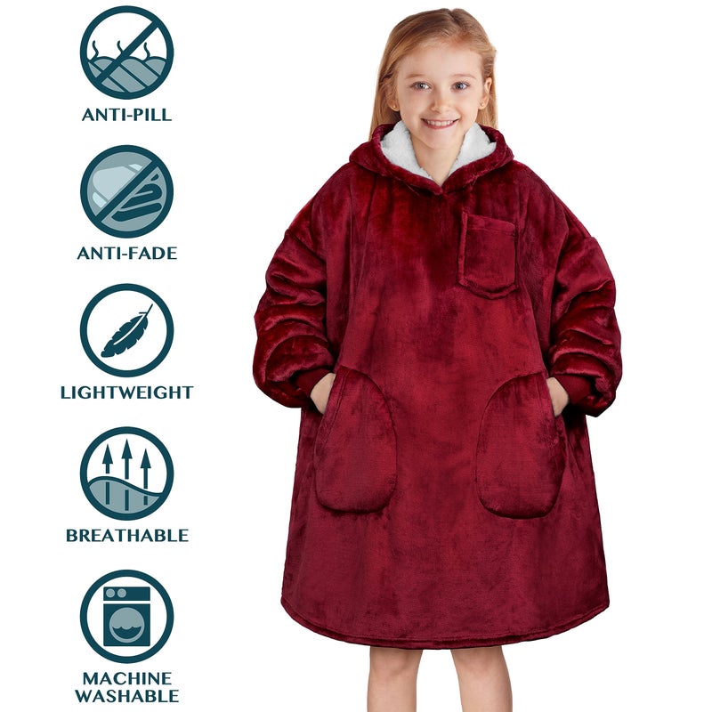 PAVILIA PAVILIA Wearable Blanket Sweatshirt for Kids Boy Girl Wine Red Burgundy Maroon  Warm Cozy Giant Blanket Hoodie  Fleece Sherpa Oversized Blanket Sweatshirt with Sleeves  Two Pocket - Image 4
