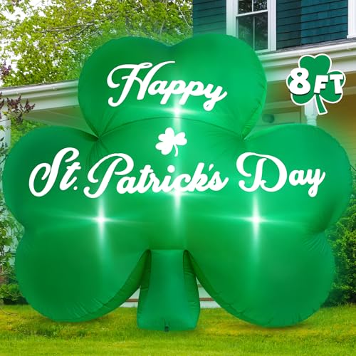 Melisheer 8FT St Patricks Inflatable Decorations, Giant Lucky Shamrock Inflatables, Blow Up Green Shamrock Outdoor Decorations, LED Lighted Up Saint Patricks Day Yard Decor for Irish Theme Party Lawn Garden - Image 1