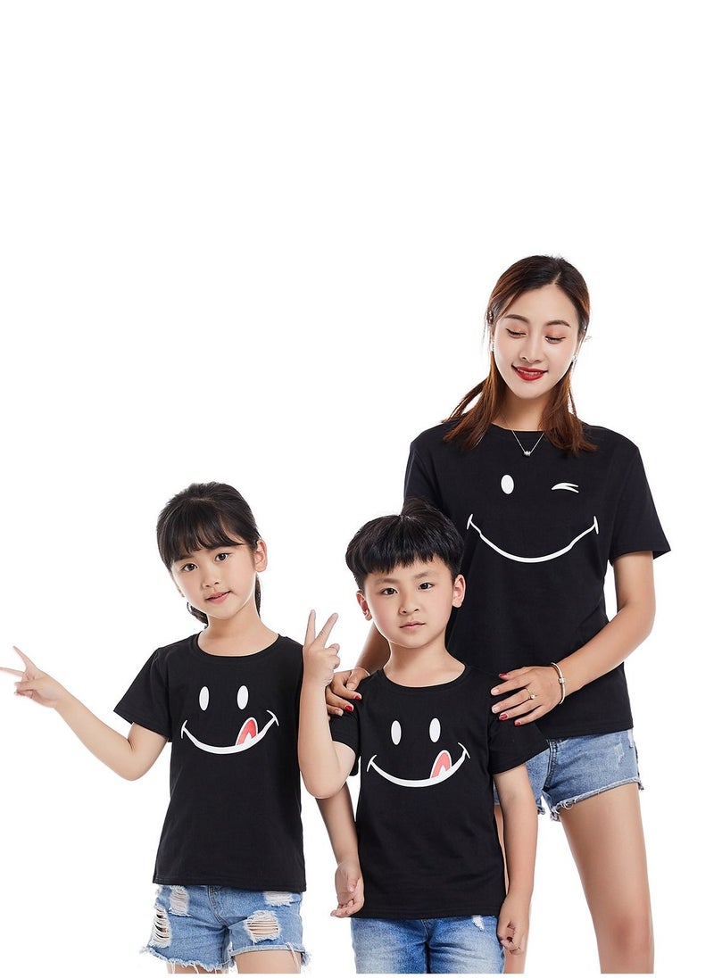 Loquat - Unisex Family Couple Parent-Child clothing Smiley Face Pattern T-shirt Black - Image 1