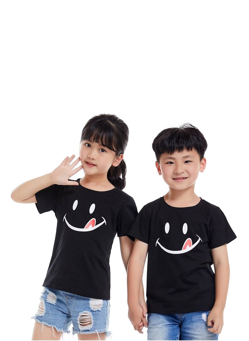 Loquat - Unisex Family Couple Parent-Child clothing Smiley Face Pattern T-shirt Black - Image 1