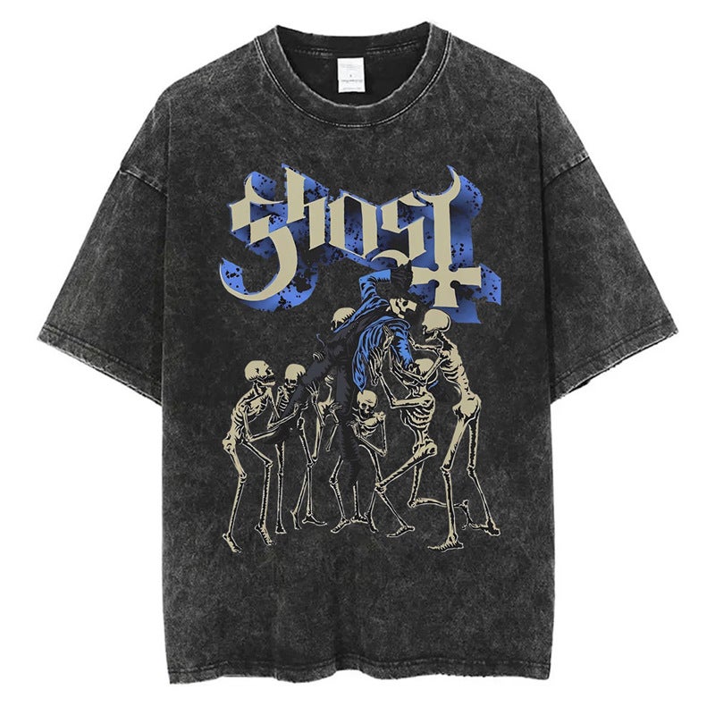T-Shirt T-Shirt Band Station Gothic Comfortable Washed Men And Women Loose Ghost 2025 Independent Retro New Style - Image 1