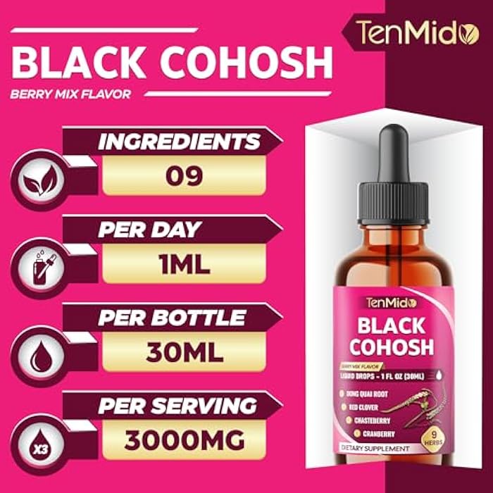 Tenmido 9in1 Liquid Black Cohosh Supplements Women with Dong Quai, Red Clover, Chasteberry, Cranberry, Passion Flower, Turmeric, Rhodiola Rosea, and Amla - 30ml Fl Oz - Image 3