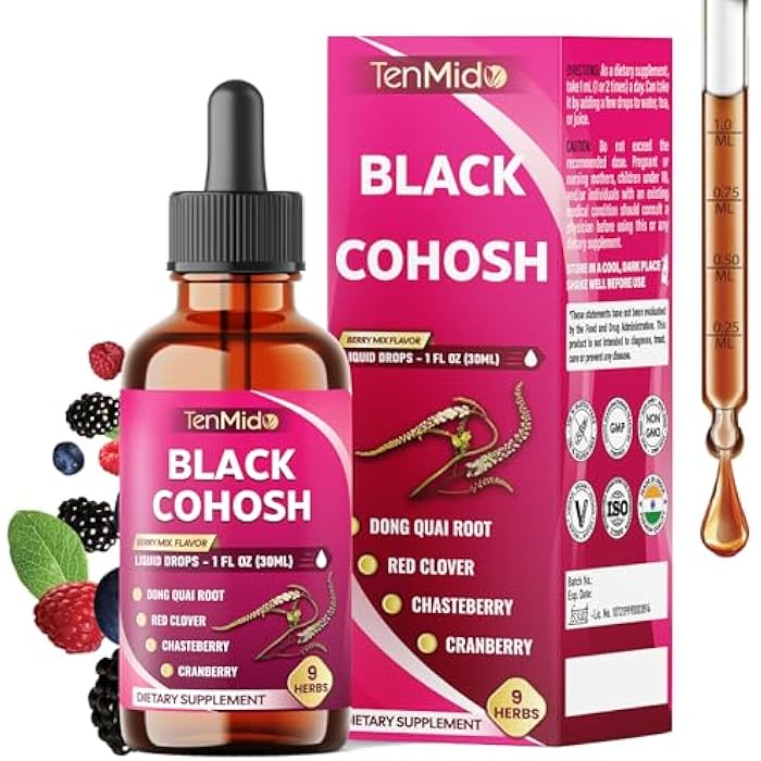 Tenmido 9in1 Liquid Black Cohosh Supplements Women with Dong Quai, Red Clover, Chasteberry, Cranberry, Passion Flower, Turmeric, Rhodiola Rosea, and Amla - 30ml Fl Oz - Image 1