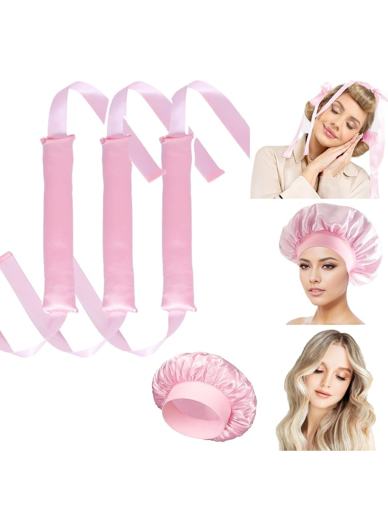 Excefore 3 PCS Heatless Curlers, 1 PCS Sleeping Bonnet Set,Overnight Blowout Rods for Long Hair,Satin Hair Curlers No Heat Heatless Curling Rod with Ribbon Design for Women Teenage Girls - Image 1