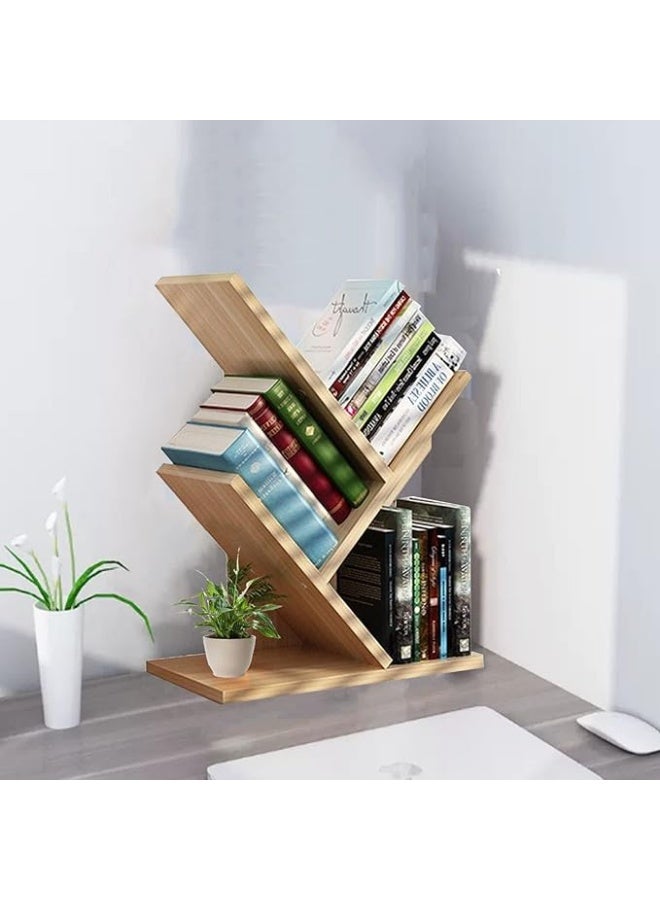 Generic Tree Bookshelf 3 Shelf Desktop Organizer Y Shaped Office Storage Rack Adjustable Wood Display Shelf Small Bookshelf for Bedroom Home Office(Light Yellow) - Image 5
