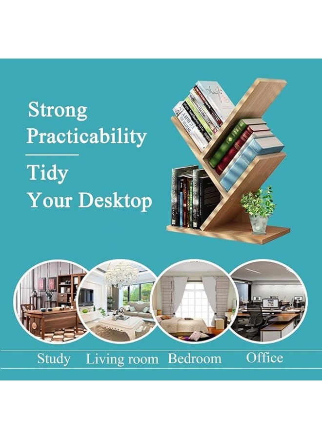 Generic Tree Bookshelf 3 Shelf Desktop Organizer Y Shaped Office Storage Rack Adjustable Wood Display Shelf Small Bookshelf for Bedroom Home Office(Light Yellow) - Image 4