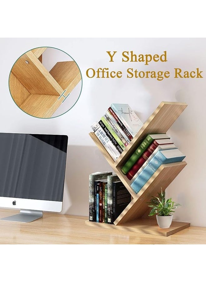 Generic Tree Bookshelf 3 Shelf Desktop Organizer Y Shaped Office Storage Rack Adjustable Wood Display Shelf Small Bookshelf for Bedroom Home Office(Light Yellow) - Image 3