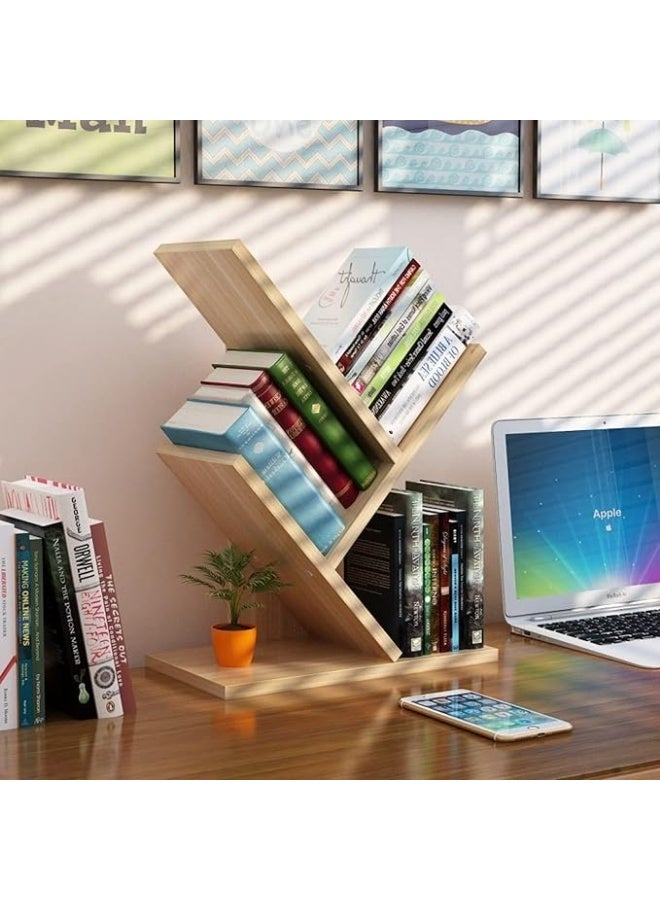 Generic Tree Bookshelf 3 Shelf Desktop Organizer Y Shaped Office Storage Rack Adjustable Wood Display Shelf Small Bookshelf for Bedroom Home Office(Light Yellow) - Image 1
