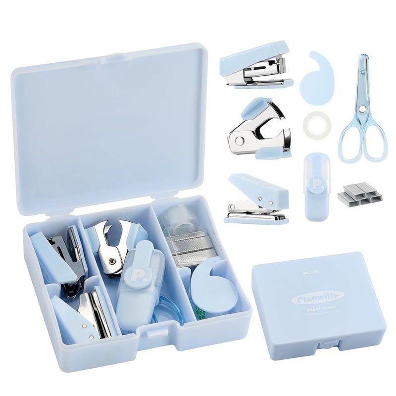 OFIFO ® Stationery Items Handbook Tool Box, Cute Stationery 8 Multipurpose Combo Pack Stapler Machine, Staples Hole Puncher Paper Scissor, Stationery Combo Gift Set, Pack of 1 - Image 1