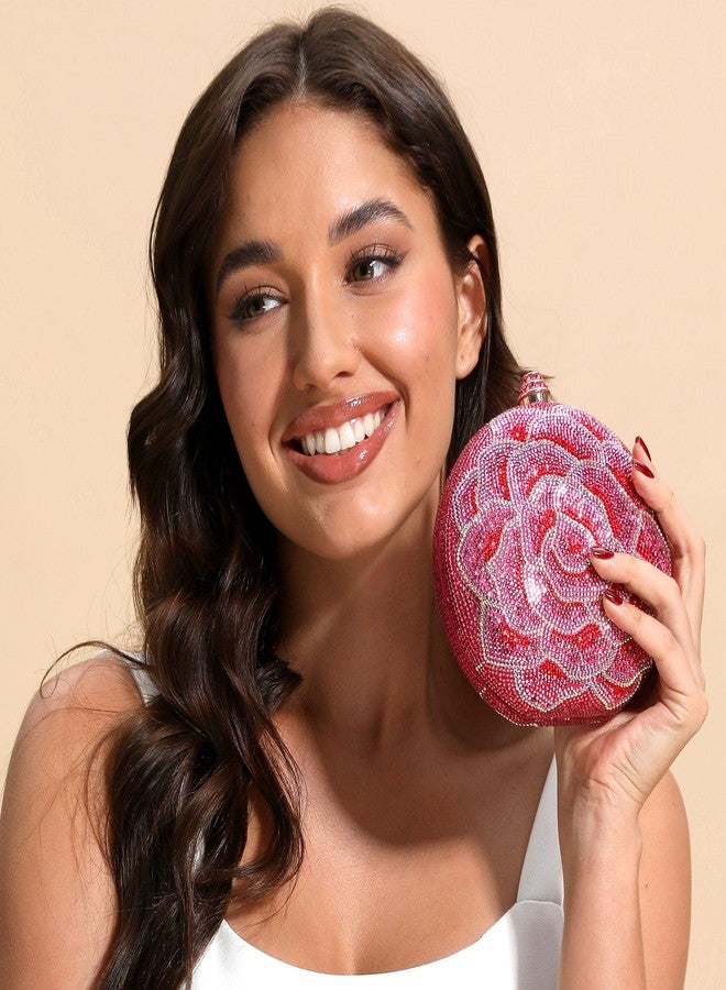 Boutique De FGG حقيبة يد صغيرة مزينة بزهرة مستديرة من بوتيك دي إف جي جي، حقيبة سهرة نسائية مرصعة بالكريستال الوردي، حقيبة يد صغيرة مزينة بأحجار الراين الزهرية لحفلات الزفاف، لون فوشيا - Image 3