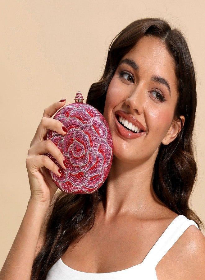 Boutique De FGG حقيبة يد صغيرة مزينة بزهرة مستديرة من بوتيك دي إف جي جي، حقيبة سهرة نسائية مرصعة بالكريستال الوردي، حقيبة يد صغيرة مزينة بأحجار الراين الزهرية لحفلات الزفاف، لون فوشيا - Image 2