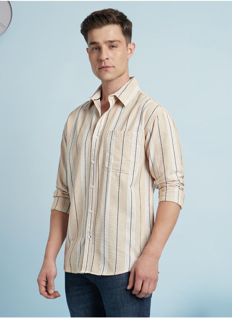 Dennis Lingo Men's Beige 100% Cotton Striped Regular Fit Shirt  - Image 2