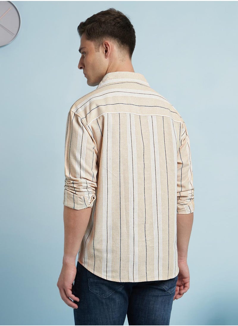 Dennis Lingo Men's Beige 100% Cotton Striped Regular Fit Shirt  - Image 3