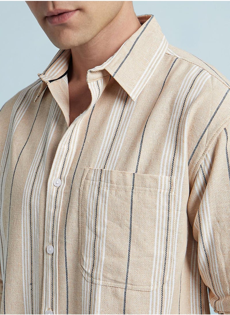 Dennis Lingo Men's Beige 100% Cotton Striped Regular Fit Shirt  - Image 5
