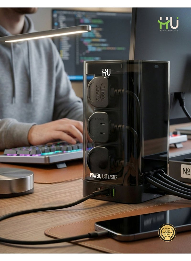 إتش يو مشترك كهربائي برجي مع شحن لاسلكي 15 واط – 6 منافذ مع منافذ USB بقدرة 2500 واط للاستخدام المنزلي والمكتبي - Image 2
