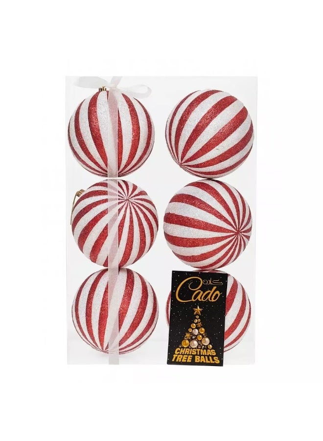 Cado Red and White Striped 15cm Hanging Christmas Tree Baubles- 6pcs
