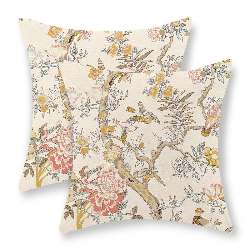 GOLIANDA Chinoiserie Pillow Covers 18x18 Set of 2 Yellow Floral Bird Throw Pillows Green Vintage Flowers Bird Decorative Pillowcase Outdoor Chinoiserie Decoration Farmhouse Cushion Case for Couch Home - Image 1