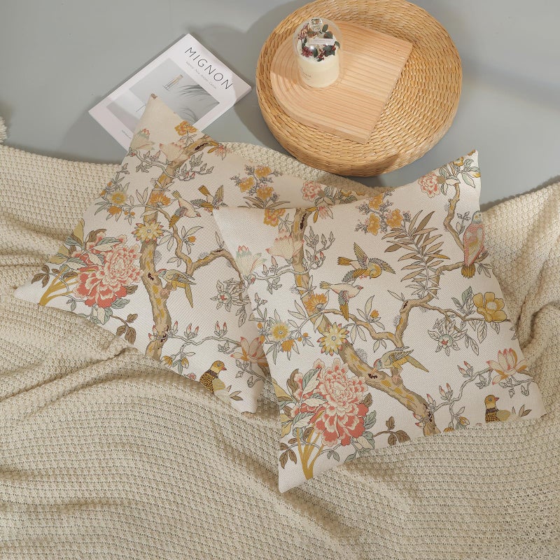 GOLIANDA Chinoiserie Pillow Covers 18x18 Set of 2 Yellow Floral Bird Throw Pillows Green Vintage Flowers Bird Decorative Pillowcase Outdoor Chinoiserie Decoration Farmhouse Cushion Case for Couch Home - Image 5