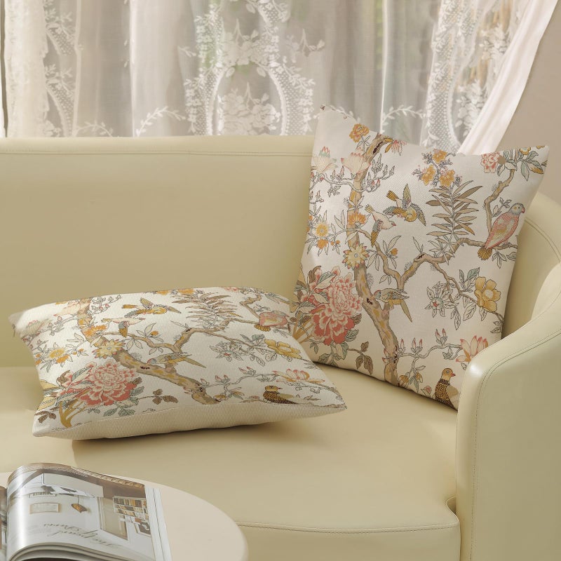 GOLIANDA Chinoiserie Pillow Covers 18x18 Set of 2 Yellow Floral Bird Throw Pillows Green Vintage Flowers Bird Decorative Pillowcase Outdoor Chinoiserie Decoration Farmhouse Cushion Case for Couch Home - Image 4