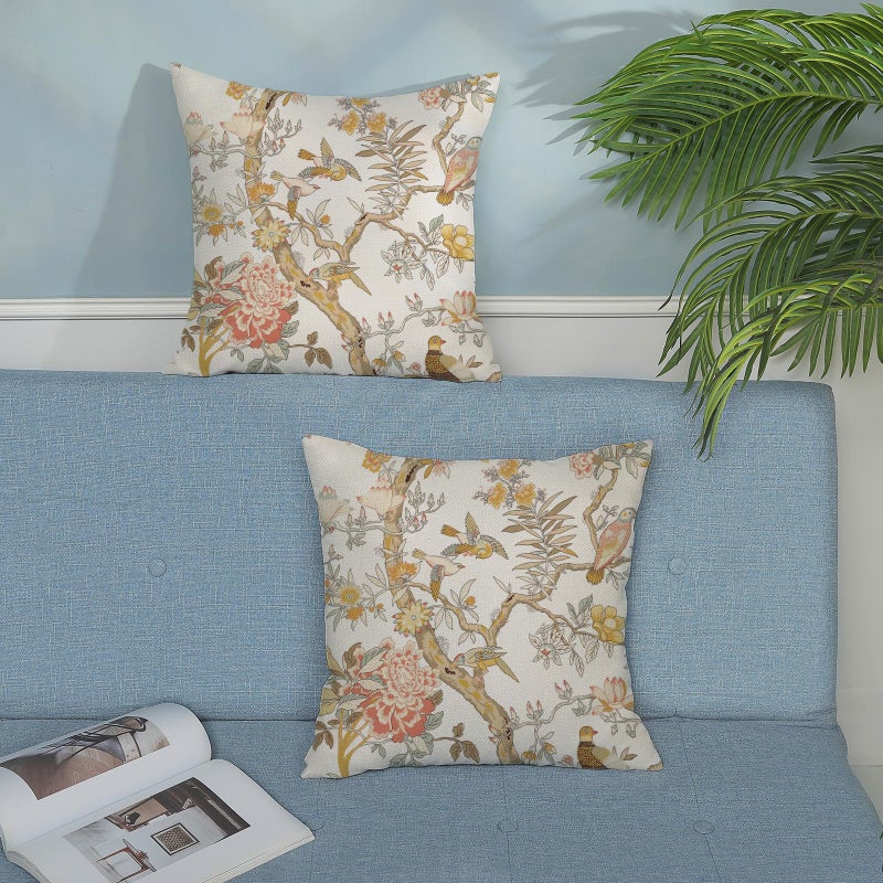 GOLIANDA Chinoiserie Pillow Covers 18x18 Set of 2 Yellow Floral Bird Throw Pillows Green Vintage Flowers Bird Decorative Pillowcase Outdoor Chinoiserie Decoration Farmhouse Cushion Case for Couch Home - Image 3
